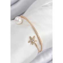 Almira Butik Mey Ithalat® Pirinç Zirkon Taşlı Yıldız ve Inci Model Gold Renk Kadın Bileklik