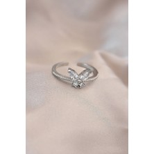 Almira Butik Mey Ithalat® Ayarlamalı Gümüş Renk Metal Zirkon Taş ve Kristal Taşlı Kelebek Model Yüzük
