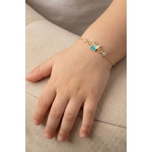Söğütlü Silver 925 Ayar Gümüş Altın Kaplama Mineli Kelebek Çocuk Bilekliği - Mavi Beyaz Kanatlı Bebek Künyesi SGTL13332GOLD