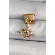 Almira Butik Mey Ithalat® 316L Çelik Gold Renk Sallantı Zirkon Taşlı Göz Model Nomination Charm