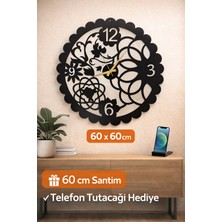 Madam Gold Dekoratif Sessiz Siyah Metal Duvar Saati 60X60 cm Metal Telefon Tutacağı Hediyeli