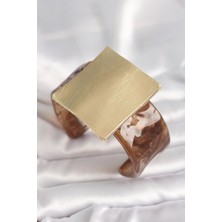 Almira Butik Mey Ithalat® Kahverengi Mermer Desen Akrilik Plastik Gold Kare Plaka Model Vintage Kadın Bilezik