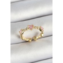 Almira Butik Mey Ithalat® Pirinç Sıralı Kalp Figürlü Zirkon Taşlı Gold Renk Ayarlanabilir Kadın Yüzük