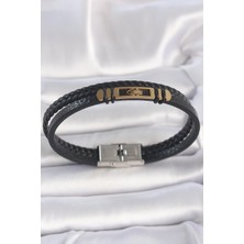Almira Butik Mey Ithalat® 316L Çelik Gold Renk Örümcek Figür Çift Sıra Burgu Desenli Deri Kordon Erkek Bileklik