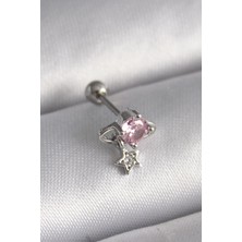 Almira Butik Mey Ithalat® 316L Çelik Gümüş Renk Pembe Zirkon Taşlı Sallantı Yıldız Detay Tragus Piercing