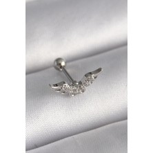 Almira Butik Mey Ithalat® 316L Çelik Gümüş Renk Zirkon Taş Detay Kanat Model Tragus Piercing