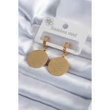 Almira Butik Mey Ithalat® 316L Çelik Gold Renk Pentagram Yıldızı Işleme Model Kadın Küpe