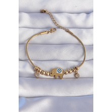 Almira Butik Mey Ithalat® 316L Çelik Gold Renk Zirkon Taşlı Nazarlı Fil Tasarımlı Bileklik