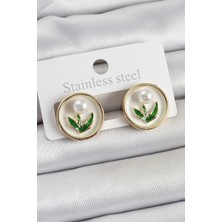 Almira Butik Mey Ithalat® Pirinç Beyaz Mineli Lale Figürlü Sanatsal Portre Model Gold Renk Kadın Küpe