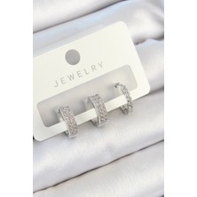 Almira Butik Mey Ithalat® Pirinç Zirkon Taşlı Halka Model Gümüş Renk 3'lü Çift Kadın Küpe Set