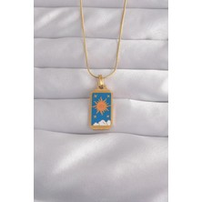 Almira Butik Mey Ithalat® 316L Çelik Gold Renk Mavi Mineli Güneş Model Tarot Kolye