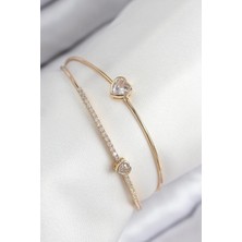 Almira Butik Mey Ithalat® Pirinç Zirkon Taşlı Kalp Model Gold Renk Kadın Bileklik