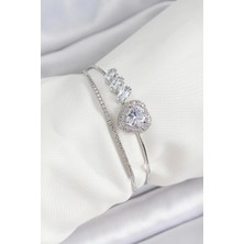 Almira Butik Mey Ithalat® Pirinç Gümüş Renk Kalpli Zirkon Taşlı Kadın Bileklik