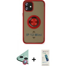 Marsilyan™- iPhone 12 Kılıf Yörünge Çizgi - Şeffaf Pasifik Cam Ekran Koruyucu + Kırmızı Raze Metal Kamera Lens