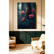 Mushen Studio Mushen Studıo Karanlık Mistik Orman Kırmızı Çiçekli Ağaç Çerçevesiz Kanvas Tablo Dekoratif Duvar