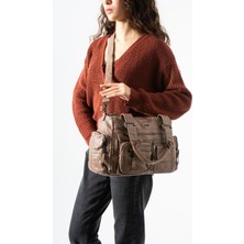 571 Collections Çanta Yıkanmış Deri Çok Cepli Omuz Kol Çantası Vizon MODEL:(571-12P)