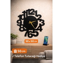 Madam Gold Dekoratif Sessiz Siyah Metal Duvar Saati Metal Telefon Tutacağı Hediyeli