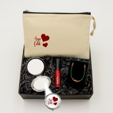 As Gift Kişiye Özel Kanvas Makyaj Çantası& Ayna & Likit Ruj & Kolye Hediye Seti