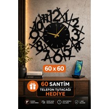 Madam Gold Dekoratif Sessiz Siyah Metal Duvar Saati 60X60 cm Metal Telefon Tutacağı Hediyeli