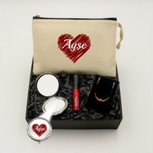 As Gift Kişiye Özel Kanvas Makyaj Çantası& Ayna &pastel Ruj & Kolye Hediye Seti