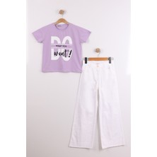 Joy Kids Kız Çocuk Keten Pantolonlu Taş Detaylı Takım (10-13YAŞ) (Lila)