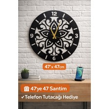 Madam Gold Dekoratif Sessiz Siyah Metal Duvar Saati 47X47CM Metal Telefon Tutacağı Hediyeli