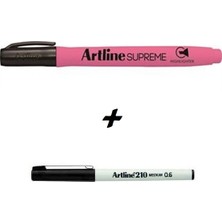 Artline 210 N Koyu Siyah 0.6mm Çizim ve İmza Kalemi + Supreme Highlighter Pembe Özellikli Set