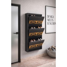 Tomkar  3'lü Antrasit Gold Pleksi Desenli Metal Ayakkabılık-Kilitli