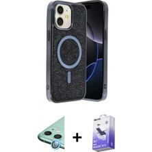 Marsilyan™- iPhone 11 Kılıf Eksen Çizgi - Siyah Bilvis 5in1 5d Magic Hayalet Cam Ekran Koruyucu + Mavi Raze Metal Kamera Lens