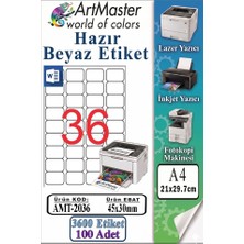 ArtMaster A4 Hazır Beyaz Etiket 45X30MM 100 Sayfa 1 Paket 36 Lı Kendinden Yapışkanlı Fotokopi Lazer Inkjet Kağıdı Yazıcılarla