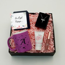 As Gift Anneler Gününe Özel Kişiye Özel Simli Mor Kupa & Gümüş Kaplama Melek Kolye & Likit Ruj & El Kremi  Hediye Seti