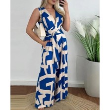 Artsviva Kadın Askılı Kruvaze Yakalı Belden Kuşaklı Uzun Desenli Süprem Tulum