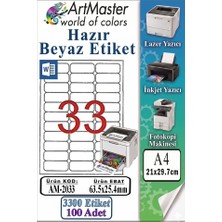 ArtMaster A4 Hazır Beyaz Etiket 63.5X25.4MM 100 Sayfa 1 Paket 33 Lü Kendinden Yapışkanlı Fotokopi Lazer Inkjet Kağıdı Yazıcılarla