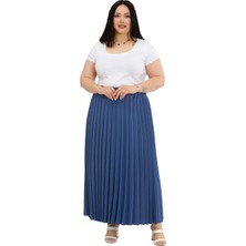 Disentis Modest Büyük Beden Beli Lastikli Pileli Uzun Indigo Etek