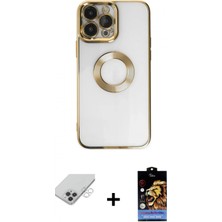 Marsilyan™- iPhone 14 Pro Max Kılıf Pusula Form - Siyah Buffer Hayalet Cam Ekran Koruyucu + Gümüş Band Metal Kamera Lens