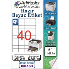 ArtMaster A4 Hazır Beyaz Etiket 52.5X29.7MM 100 Sayfa 1 Paket 40 Lı Kendinden Yapışkanlı Fotokopi Lazer Injekt Kağıdı Yazıcılar