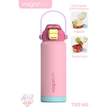 Vagonlife 750 ml Tek Kapak Çift Kullanım Pipetli Rahat Içim Kulplu Paslanmaz Çelik Termos FF1108-750ML