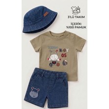 Lika&Nika Lıka.nıka Erkek Bebek 3'lü Yazlık Takım - %100 Pamuklu Tişört, Lastik Belli Denim Şort ve Şapka