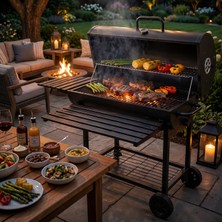 Palu Varil Mangal Tekerlekli Kapaklı Bbq Izgara – Termometreli, Yan Raflı, Geniş Pişirme Alanı 76X40 cm | Bahçe & Balkon Kömürlü Mangal