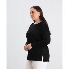 Wear On Collection Büyük Beden Siyah Bisiklet Yaka Uzun Kollu Detaylı Bluz