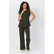 Diemmood Kadın Pilise Detaylı Haki Yelek Pantolon Takım