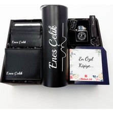 As Gift Kişiye Özel Siyah Termos & Cüzdan & Kartlık & Anahtarlık & Zippo Tarzı Çakmak Hediye Seti