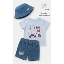 Lika&Nika Lıka.nıka Erkek Bebek 3'lü Yazlık Takım - %100 Pamuklu Tişört, Lastik Belli Denim Şort ve Şapka