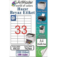ArtMaster A4 Hazır Beyaz Etiket 70X25MM 100 Sayfa 1 Paket 33 Lü Kendinden Yapışkanlı Fotokopi Lazer Inkjet Kağıdı Yazıcılar Için