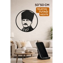Madam Gold Mustafa Kemal Atatürk Dekoratif Siyah Metal Tablo 50X50 cm Metal Telefon Tutacağı Hediyeli
