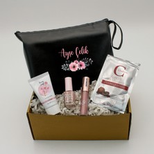 As Gift Kişiye Özel Siyah Makyaj Çantası & El Kremi & Likit Ruj &pastel Oje& Kil Maskesi