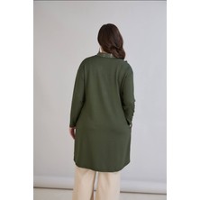 Wear On Collection Büyük Beden Haki Gömlek Yaka Parlak Detaylı Uzun Tunik