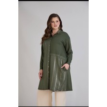 Wear On Collection Büyük Beden Haki Gömlek Yaka Parlak Detaylı Uzun Tunik