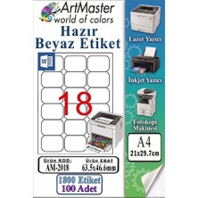 ArtMaster A4 Hazır Beyaz Etiket 63.5X46.6MM 100 Sayfa 1 Paket 18 Li Kendinden Yapışkanlı Fotokopi Lazer Inkjet Kağıdı Yazıcılarla