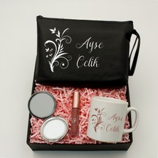 As Gift Kişiye Özel Siyah Makyaj Çantası & Beyaz Kupa & Krom Kaplama Makyaj Aynası & Likit Ruj Hediye Seti
